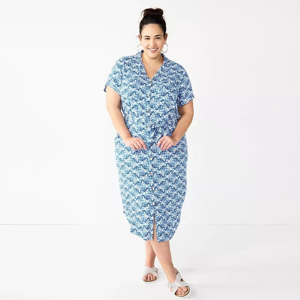 Sonoma Belted Midi Shirt Dress Button Front Pockets Plus 5X Blue Summer